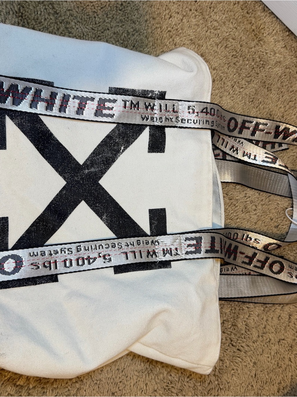 Off-White White Canvas Tote with Black Graphic and Industrial Strap